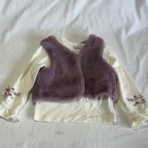 Nutmeg - Purple Faux Fur Vest with Cream Long Sleeve Top - Picture 1 of 5